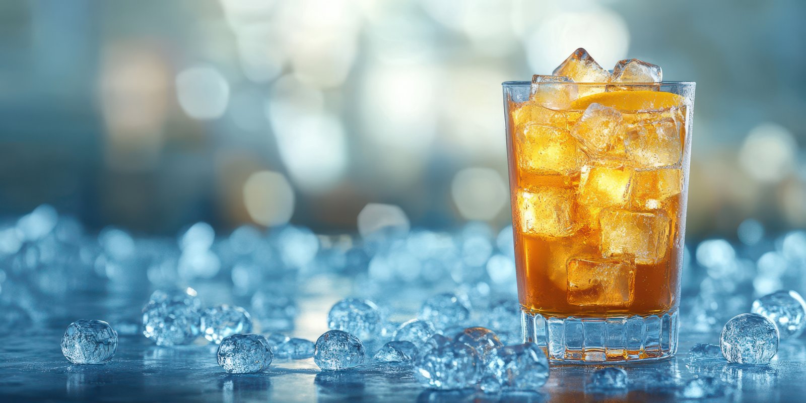 Refreshing cocktail served over ice on a cool surface in a vibrant bar environment